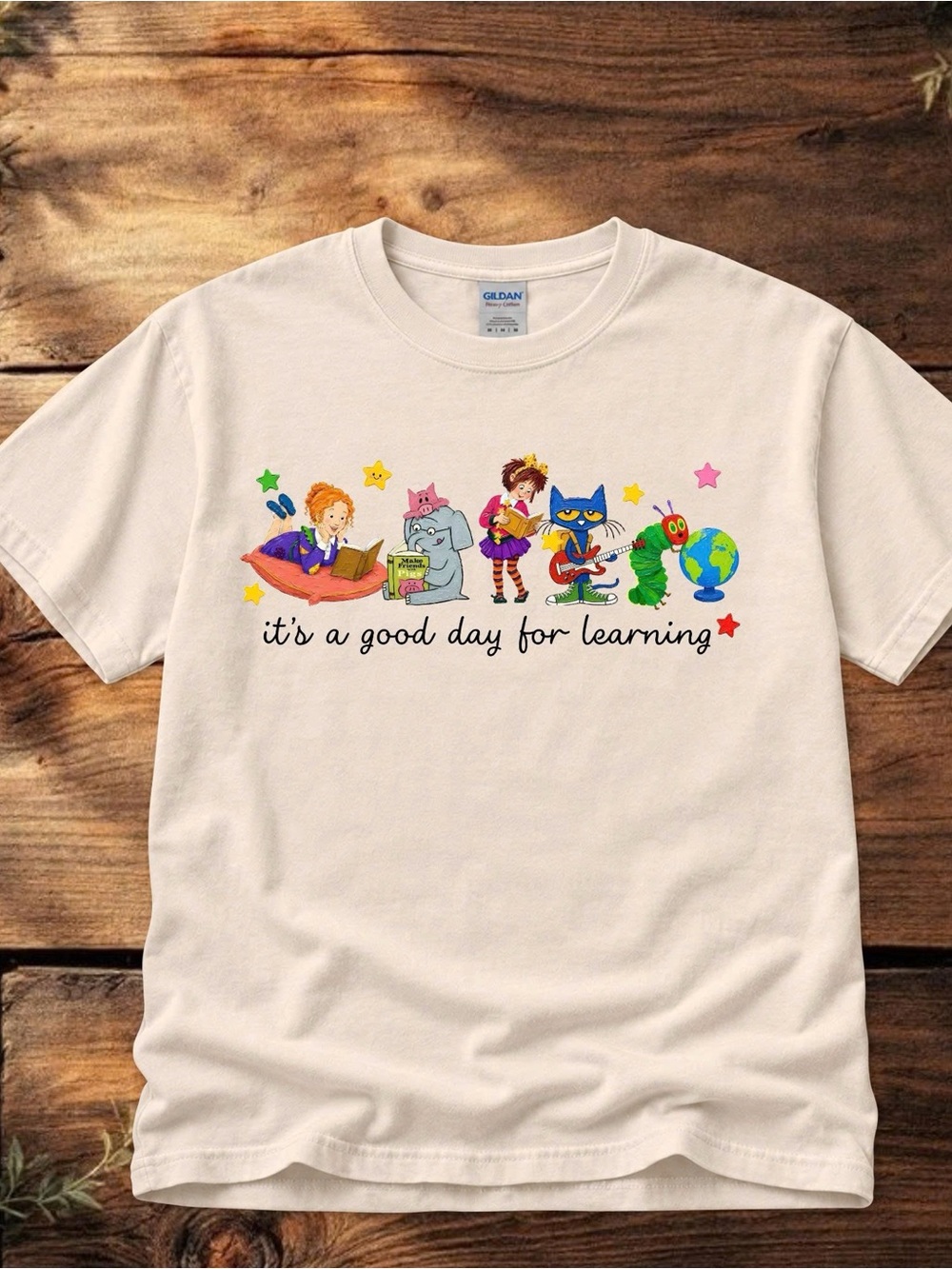 Gildan Cream Short Sleeve Tee with Colorful Learning Characters